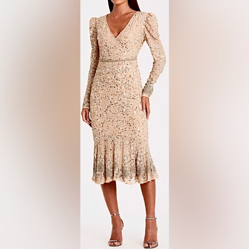 Mac Duggal Sequin Trumpet Dress Low Cut Embellished Hemline & Belt size 12